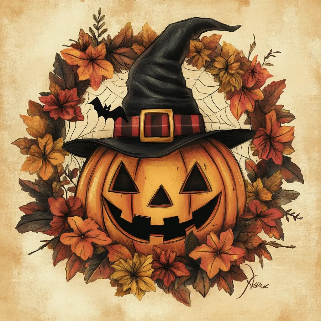 A jack-o'-lantern with a black witch's hat, adorned with a red and black plaid band, sits in a wreath of autumn leaves and flowers. The pumpkin's carved face is smiling, and a bat hangs from a spider web behind it. The background is a textured beige.  The image is drawn in a stylized, vintage manner.