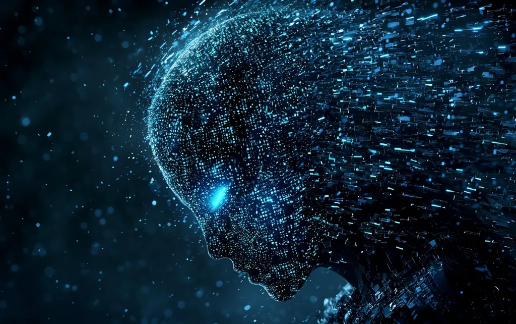The image depicts a digital representation of a human head, rendered in a blue and black color scheme. The head is composed of a swirling mass of glowing particles, reminiscent of data or code, giving it a futuristic and otherworldly feel. The face is partially obscured by the swirling particles, suggesting a sense of mystery and intrigue. The overall composition creates a striking and abstract image, hinting at the potential of technology and artificial intelligence.