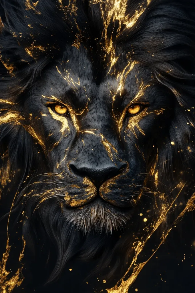 The image shows a close-up of a black lion's face. The lion's fur is a deep black, and its eyes are a bright gold. There is a splash of gold paint on the lion's face, and the background is a dark, mysterious black. The lion's gaze is intense and powerful, conveying a sense of royalty and strength. The golden paint adds a touch of elegance and regality, making the lion appear even more impressive.
