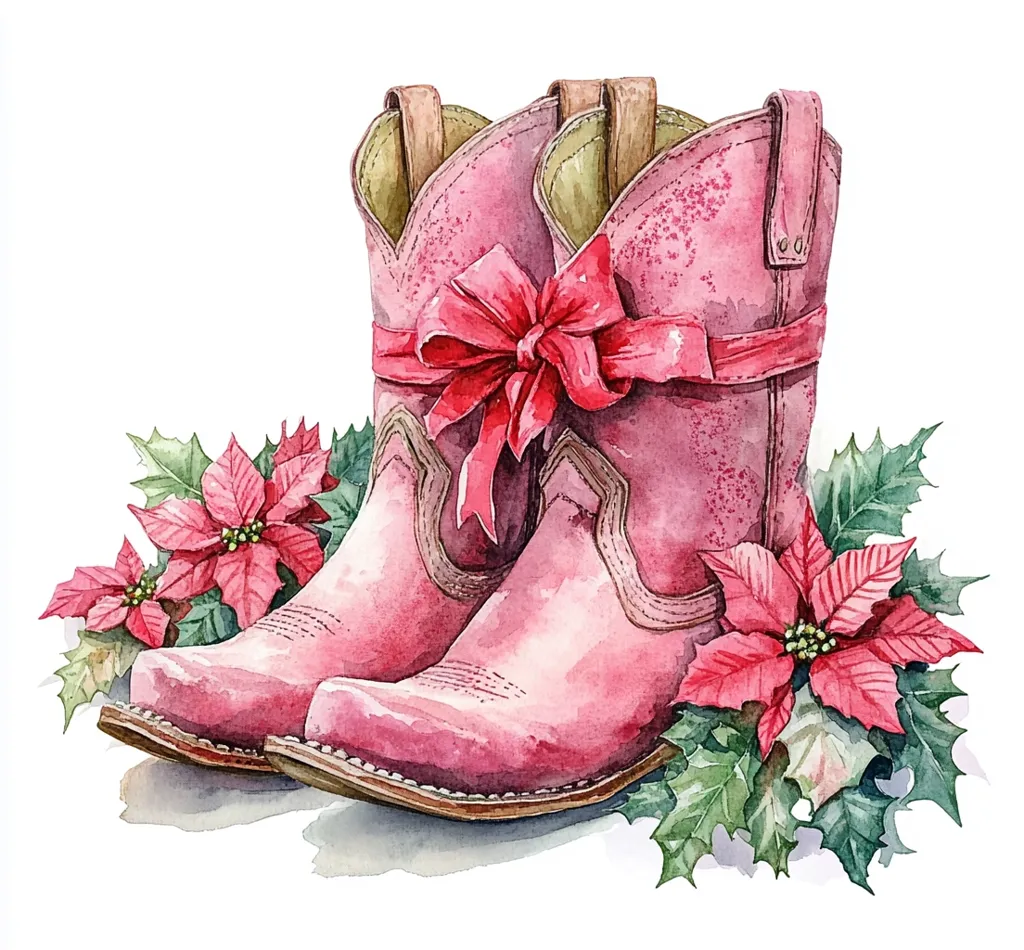 A pair of pink cowboy boots are adorned with a large red bow and surrounded by poinsettia flowers and holly leaves. The watercolor painting depicts a festive and whimsical scene, with the boots and flowers painted in a delicate and detailed manner.  The image evokes a sense of warmth and holiday cheer.