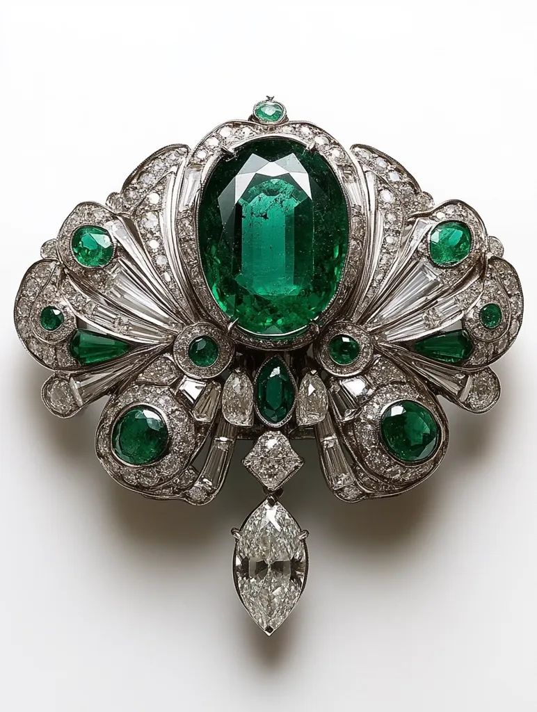 The brooch features a large, oval-shaped emerald surrounded by a intricate setting of diamonds and smaller emeralds. The diamonds are set in a variety of shapes, including baguette, round, and pear-shaped. The brooch is designed in a symmetrical, fan-like shape.  It's elegant and dazzling.