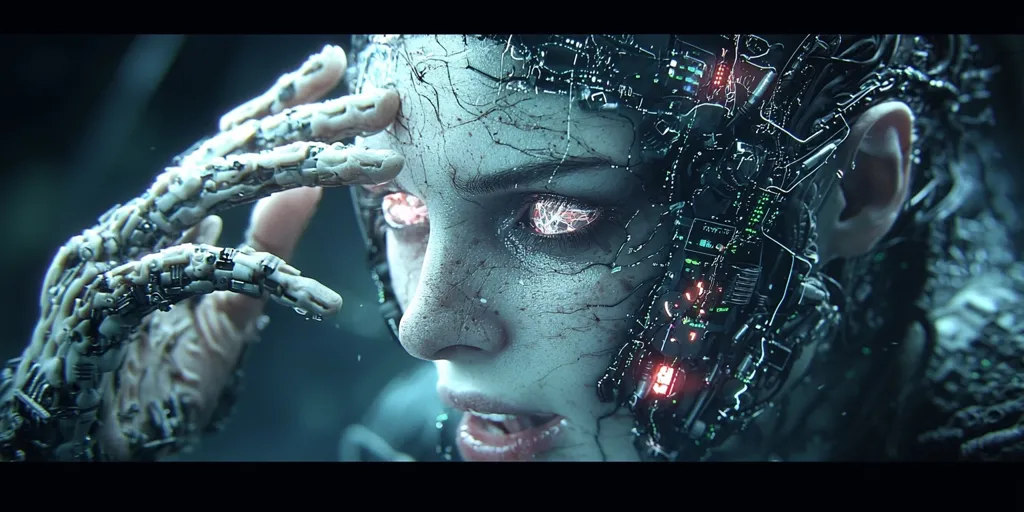 A woman with glowing eyes and a mechanical hand reaches up to her head. Her skin is cracked and her face is contorted in pain. The image is dark and gritty, suggesting a post-apocalyptic future or a dystopian society. The woman's mechanical hand and cybernetic implants suggest that humanity has merged with technology.