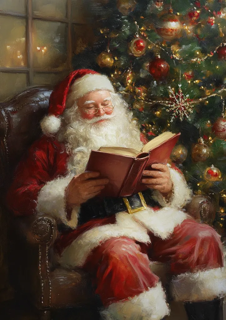A painting of Santa Claus sitting in a leather armchair, reading a book. He is wearing his traditional red suit and white beard.  A Christmas tree decorated with ornaments and lights is behind him. The painting is warm and inviting, with a soft, golden light that makes the scene feel cozy and peaceful.