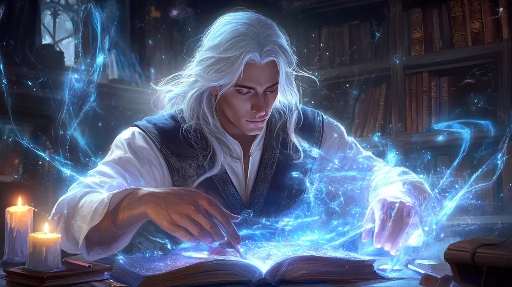 A man with long white hair sits in a dimly lit room. He wears a dark vest over a white shirt and holds an open book in his hands. The man's hands are glowing with a blue, ethereal light, emanating from the book. The scene is set in a room filled with bookshelves and lit by two candles. The man's expression is focused and intense, suggesting he is performing a powerful spell or ritual.  The image evokes a sense of magic, mystery, and power.
