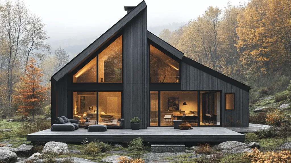 A modern, dark wooden cabin with large windows sits on a wooden deck in a forest setting. The windows are lit from within, creating a warm glow. The trees surrounding the cabin have leaves in various shades of fall colors. The image is likely taken on a cloudy day.  The surrounding forest floor is covered in rocks and moss.