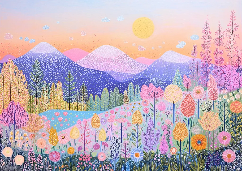 The painting depicts a whimsical landscape with a vibrant color palette. It features a foreground of colorful flowers and trees, a middle ground with a blue lake, and a background of layered purple mountains. The sun shines brightly in the sky, adding warmth and joy to the scene. The overall impression is one of happiness, tranquility, and a sense of wonder.