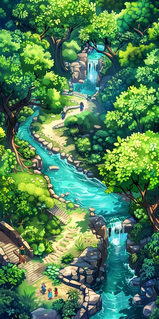 The image depicts a lush, green forest with a winding river flowing through it. The river is clear and blue, with small waterfalls cascading over rocks.  Trees and foliage line the riverbanks, creating a verdant and tranquil scene.  A stone path winds through the forest, leading to a small group of people walking along the riverbank. The image captures a sense of peace and natural beauty.