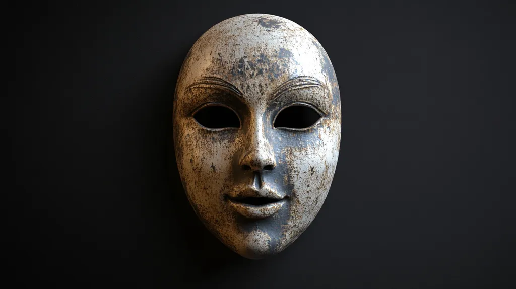 A weathered, silver mask with a feminine face is centered on a dark background. It has a slightly open mouth, suggesting a smile, but the empty black eyes give it an eerie, unsettling quality. The mask appears to be made of metal and has a distressed, worn look, giving it a historical and mysterious feel.