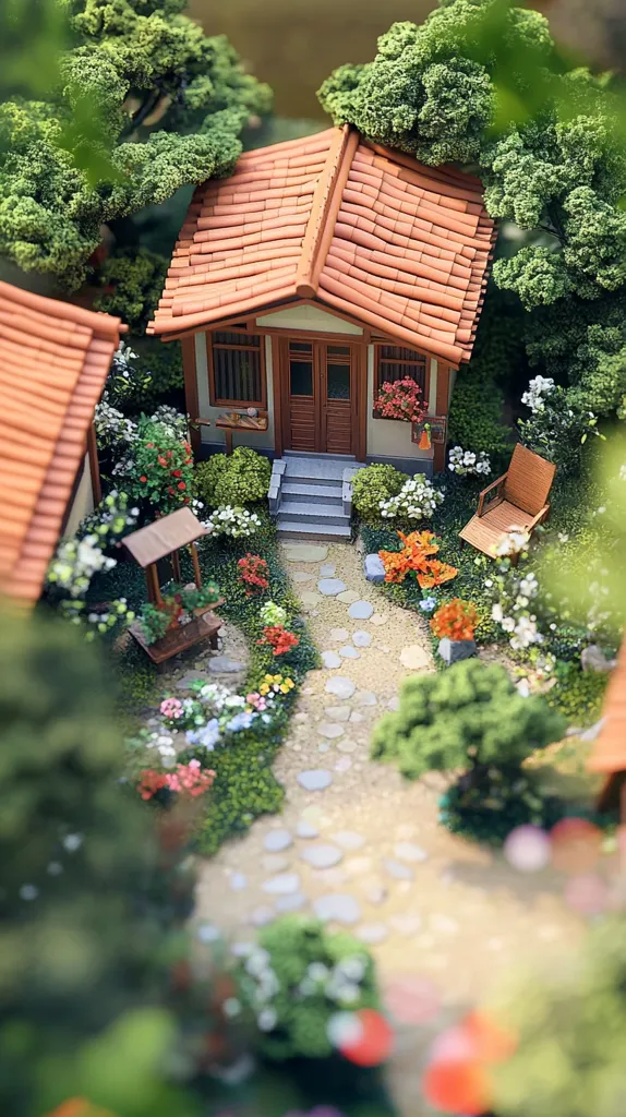 A miniature house with a red tile roof sits nestled in a lush garden. The house has a wooden door and windows, and is surrounded by flowers, shrubs, and a small stone path. A miniature chair sits next to the house, adding to the charming detail of the scene. The entire image is framed by green foliage, creating a sense of depth and scale. The scene captures the beauty of a miniature world, full of intricate detail and charm.