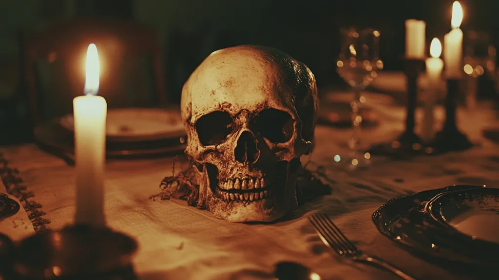 A human skull sits in the center of a dimly lit dinner table.  A lit candle shines to the left of the skull, while the table is set with plates and silverware.  The overall scene is dark and eerie.