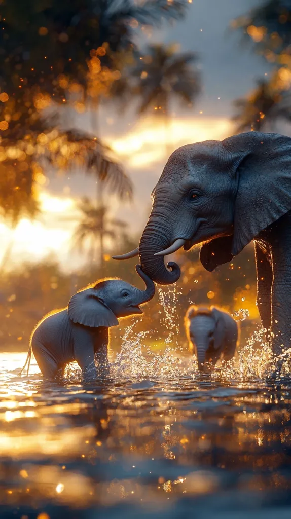 A large elephant walks through a shallow body of water in a jungle. The elephant is followed by two smaller elephants, one of which is playfully trying to touch the larger one's trunk. The scene is illuminated by a soft, golden light, creating a peaceful and idyllic atmosphere.