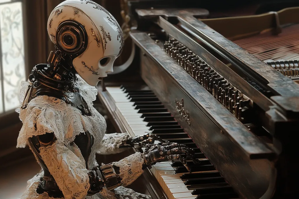A robotic figure, dressed in a white lace dress and with a metallic body, sits at an antique grand piano. It has mechanical hands poised over the keys. The piano is old and worn, with a dark wooden finish. The scene suggests a blend of technology and classic artistry.