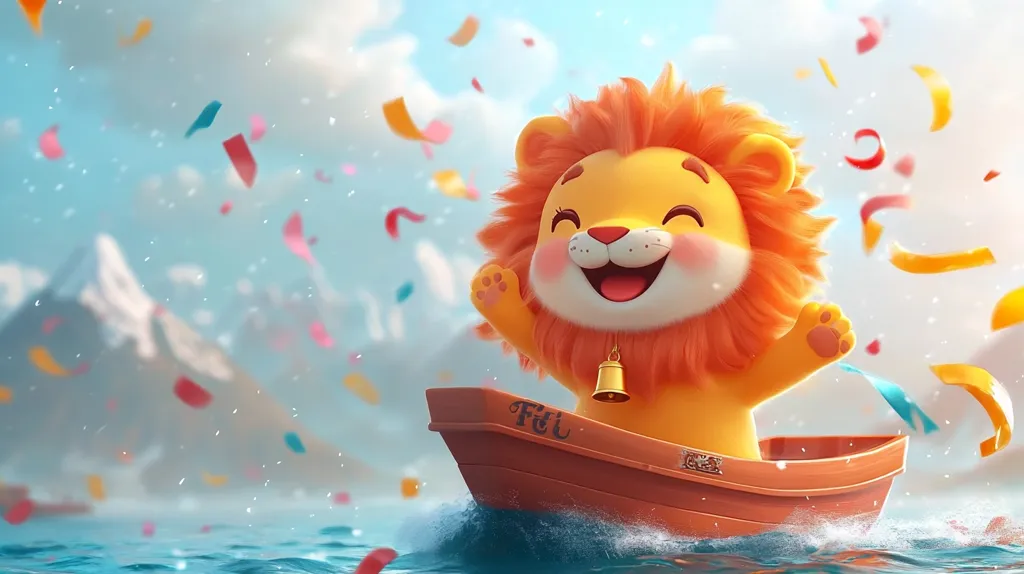 A cartoon lion with a big smile is sailing in a small boat. It is surrounded by colorful confetti and the water is sparkling. The lion is wearing a bell around its neck and the boat is labeled "Fifi". The background is a blue sky with white clouds. The image is happy and playful.
