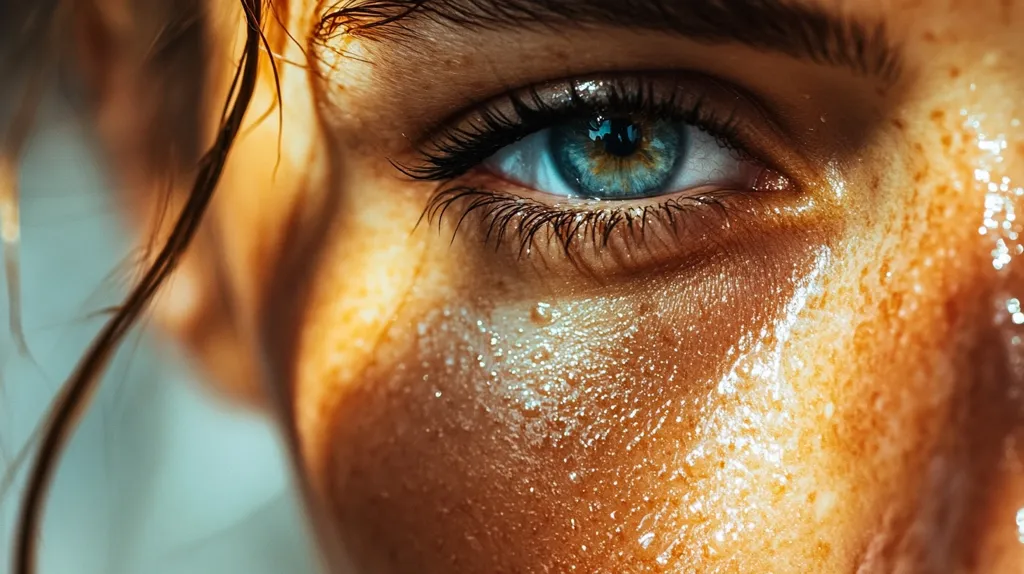 A close-up shot of a woman's eye, capturing the intricate details of her lashes, the glistening of sweat on her skin, and the piercing blue gaze. The image evokes a sense of vulnerability and intimacy, highlighting the beauty of raw human emotion.