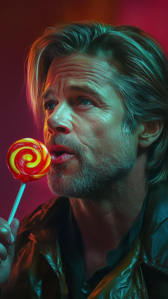 A man with long, messy hair and a beard is seen holding a lollipop to his mouth. He has a serious expression on his face, and the light in the photograph is casting a blue and red glow on his face. His shirt and jacket are a dark green color, and the background is a blurred red.
