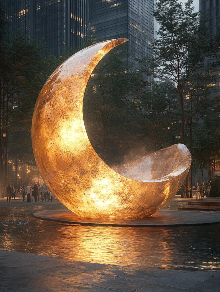 A large, glowing crescent moon sculpture stands in a plaza between tall office buildings. The sculpture is made of a reflective metal, creating a warm golden glow that illuminates the surrounding area. The moon is positioned above a reflecting pool, creating a beautiful, ethereal atmosphere. People walk by, seemingly dwarfed by the grandeur of the sculpture. The scene is both futuristic and mystical.