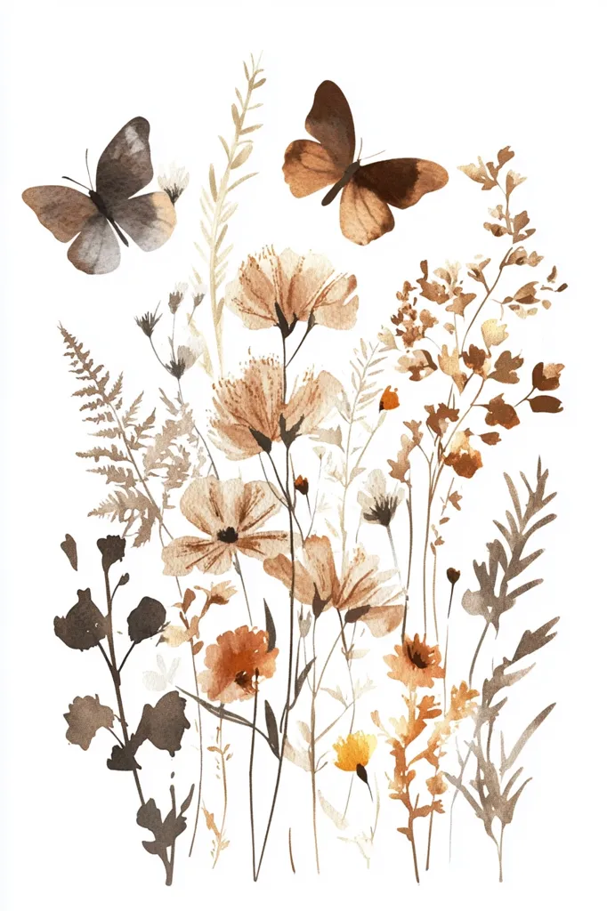 The image depicts a watercolor painting of a bouquet of wildflowers with two butterflies. The flowers are in shades of brown and orange, while the butterflies are brown and black. The flowers are arranged in a loose and natural way, and the butterflies are positioned as if they are flying around them. The image is set against a white background, which allows the colors of the flowers and butterflies to stand out.