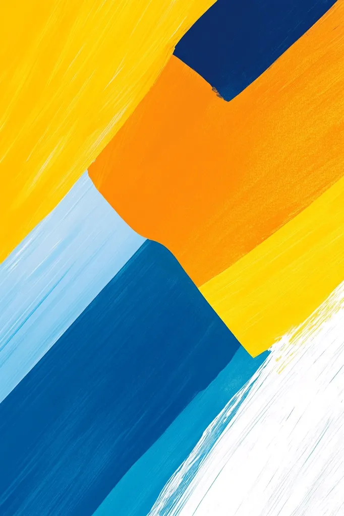 The image is an abstract painting with bold, brushstrokes of yellow, orange, blue, and white. The colors are vibrant and contrasting, creating a dynamic composition. The image appears to be a close-up view of a section of a larger artwork, emphasizing the texture and layering of the paint. The abstract composition invites viewers to interpret the colors and shapes, leaving room for personal reflection and imagination.
