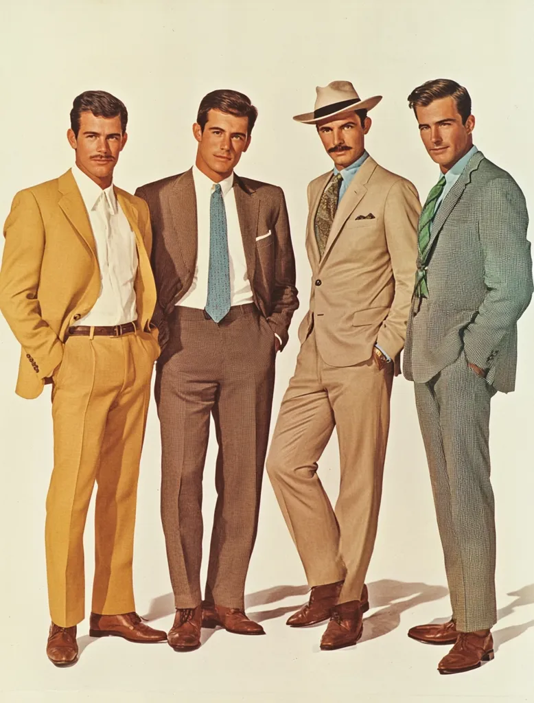 Four men in suits stand against a white background. The man on the left wears a yellow suit, the next wears a brown suit, the next wears a tan suit and a hat, and the man on the right wears a light gray suit. All four men wear brown shoes and are looking at the camera. The men are all well-dressed and appear to be models. The image is likely from a fashion magazine or advertisement.
