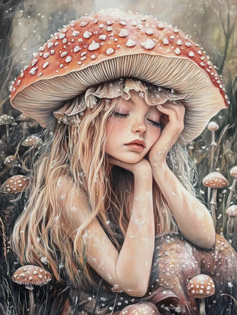 A young girl with long blonde hair sits in a forest, her head resting on her hand. She wears a large, red and white spotted mushroom hat, and her face is soft and serene.  The image is filled with mushrooms, suggesting a whimsical and magical setting.  The soft lighting and gentle brushstrokes create a dreamy atmosphere.
