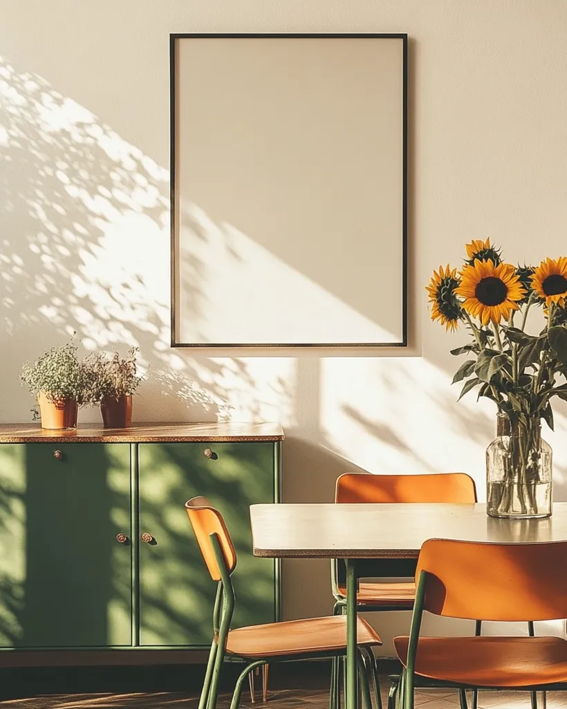 A modern dining room with a green cabinet, a wooden table, and orange chairs. A framed picture hangs on the wall above the cabinet. Sunbeams stream through the window, casting shadows on the wall and furniture. A bouquet of sunflowers sits on the table, adding a touch of color to the space. The room is clean and minimalist, creating a serene and inviting atmosphere.