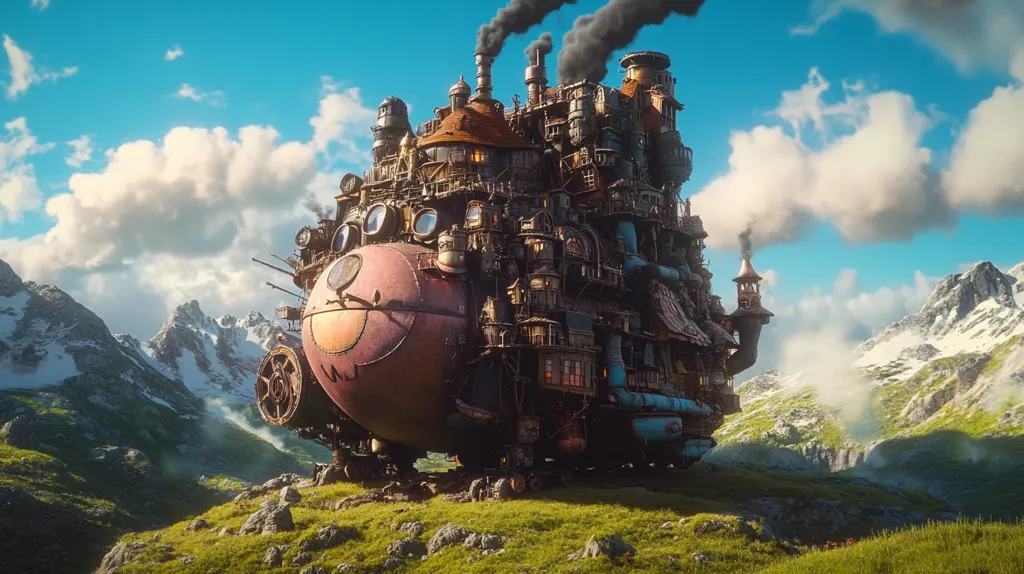 A large, intricately designed steampunk-style flying house, with a round, bulbous body and numerous chimneys emitting smoke, rests on a grassy hill. It appears to be a magical contraption, with a whimsical design featuring multiple levels, windows, and gears. The house is situated against a backdrop of snow-capped mountains and a clear, blue sky with fluffy clouds. The scene evokes a sense of wonder and adventure.