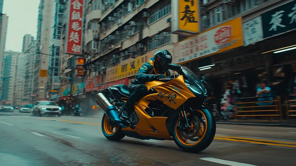 A yellow and black motorcycle speeds down a busy street in Hong Kong. The rider is wearing a black helmet and a blue and black jacket. The street is lined with tall buildings, many of which have signs in Chinese characters. Cars and other motorcycles are blurred in the background, indicating the speed at which the motorcycle is traveling. The street is wet from rain.