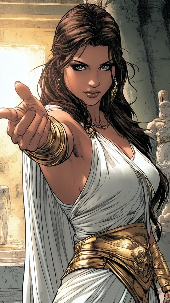 A woman with long, dark hair is depicted in a comic book style. She is wearing a white, flowing robe with gold accents, including a large, ornate belt. She has a fierce expression and is holding out her hand, seemingly commanding attention. The background is a blurry image of a stone structure.  The overall effect is one of power and determination.