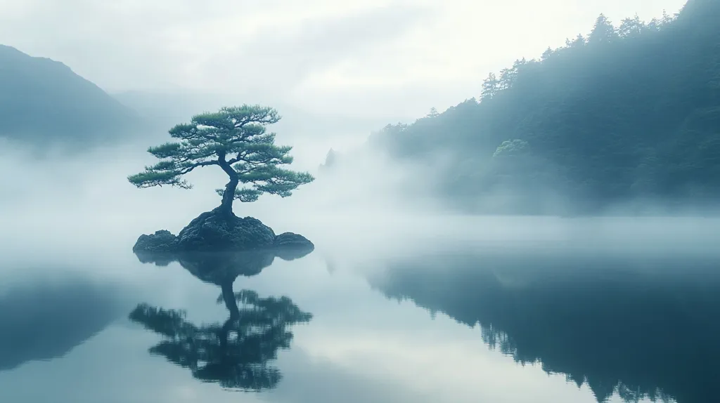 A single, verdant tree stands on a small island in a still lake.  The water's surface reflects the tree and the surrounding hills, which are shrouded in a thick, ethereal mist. The scene evokes a sense of peace and tranquility, with the fog creating an air of mystery and solitude.  The composition is simple and balanced, with the tree as the central focus. The pale blue hues of the sky and water contribute to the serene ambiance.