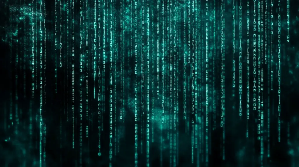 The image depicts a digital rain of binary code, with strings of 0s and 1s cascading down a dark blue-green background. The code is semi-transparent, creating a sense of depth and movement.  The background has subtle hints of white noise, adding to the abstract, tech-focused aesthetic.