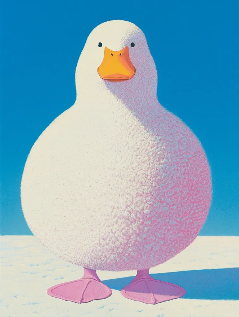A white duck with a bright orange beak stands against a bright blue background. Its body is round and fluffy. The duck has pink feet with webbed toes. The duck is looking directly at the viewer.  The image is painted in a realistic style with a focus on detail. The duck's feathers appear to have a soft, fuzzy texture. The background is simple and provides a strong contrast to the duck. The image is well-composed and balanced.