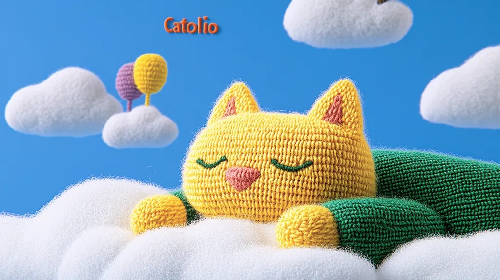 A yellow crocheted cat with green and pink accents sleeps on a fluffy white cloud against a blue sky. Two white clouds are in the background, one with a purple and yellow balloon. The word "Catolio" is written in orange at the top of the image.