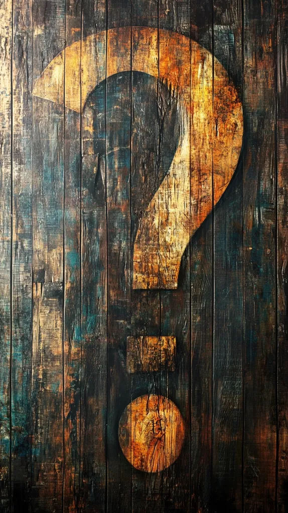 A large wooden question mark is painted on a dark wood plank background. The question mark is a light brown color and has a worn, rustic look, adding to the overall distressed and aged feel of the image. The wood planks are arranged vertically, creating a textured backdrop for the question mark. The image has a mysterious and intriguing atmosphere, suggesting the presence of an unanswered question or a riddle.