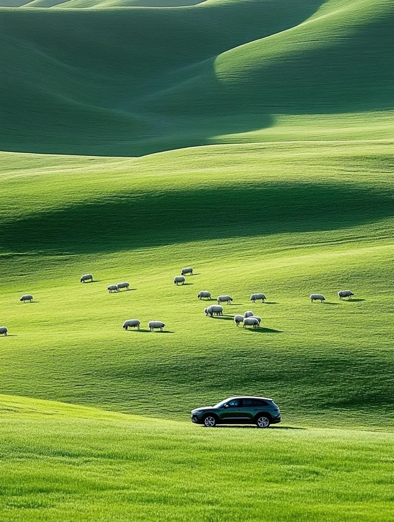 A dark green SUV drives on a lush green field, surrounded by rolling hills. The field is dotted with white sheep grazing peacefully. The scene is bathed in soft sunlight, creating a tranquil and idyllic atmosphere. The contrasting colors of the car, the sheep, and the grass create a visually appealing composition. The image evokes a sense of calm and serenity.