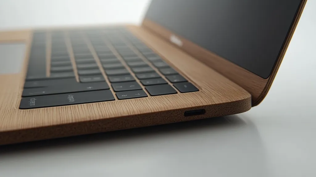 A wooden laptop sits on a white surface. The laptop is closed, and the screen is facing away from the camera. The keyboard is visible, and the wooden casing has a grainy texture. The laptop is lit from the left side, creating a slight shadow.
