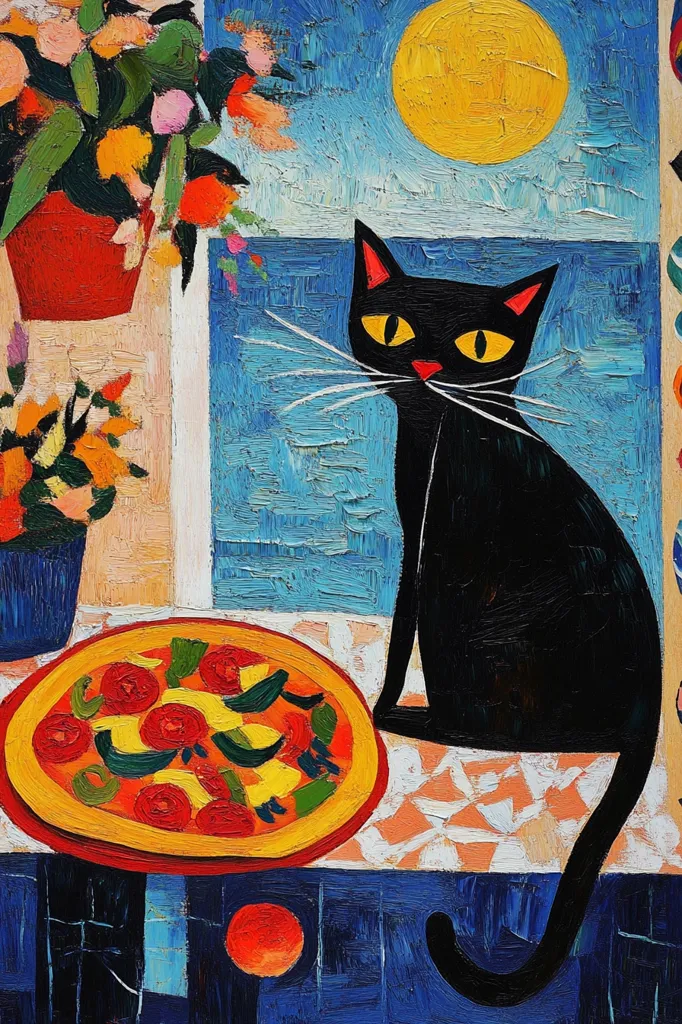 A black cat with bright yellow eyes sits on a table, looking towards the viewer. A plate of pizza with a yellow crust and colorful toppings sits in front of the cat. There are potted plants to the left, and a window in the background with a blue sky and a yellow sun. The painting is done in a colorful, stylized manner.  The painting appears to be a playful, abstract depiction of everyday life.