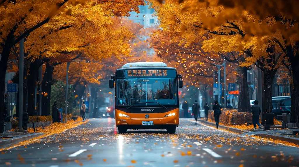 A yellow bus drives down a street lined with trees in full autumnal glory. The leaves are a vibrant orange and yellow, falling to the ground in a gentle shower. The street is wet and reflective, making the scene even more picturesque.  The bus is moving slowly, its headlights illuminating the wet pavement ahead.  The city is quiet and peaceful, with few people in sight.