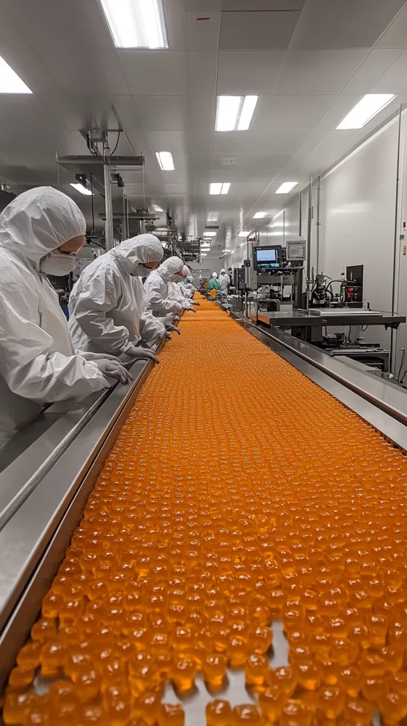A factory production line with workers in white protective suits. An endless stream of bright orange gummy candies moves along a conveyor belt. The image captures the industrial process of candy production, showcasing the repetitive nature of the task and the uniformity of the output. The clean and sterile environment emphasizes the focus on quality and hygiene in food manufacturing.