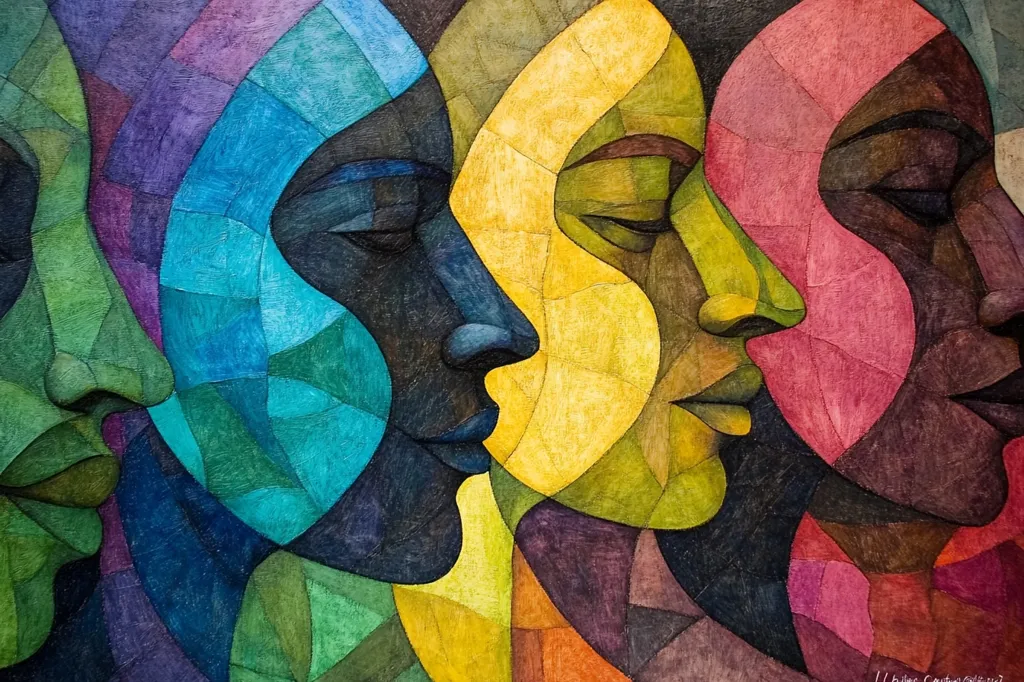 The painting depicts four faces, each composed of a multitude of geometric shapes and vibrant colors. The faces are close together, their eyes closed, creating a sense of intimacy and connection. The use of bold lines and contrasting hues adds to the overall impression of energy and depth. The abstract style suggests a focus on the internal experience and emotions rather than physical realism. The painting is likely a representation of human relationships and the complex interplay between individuals.