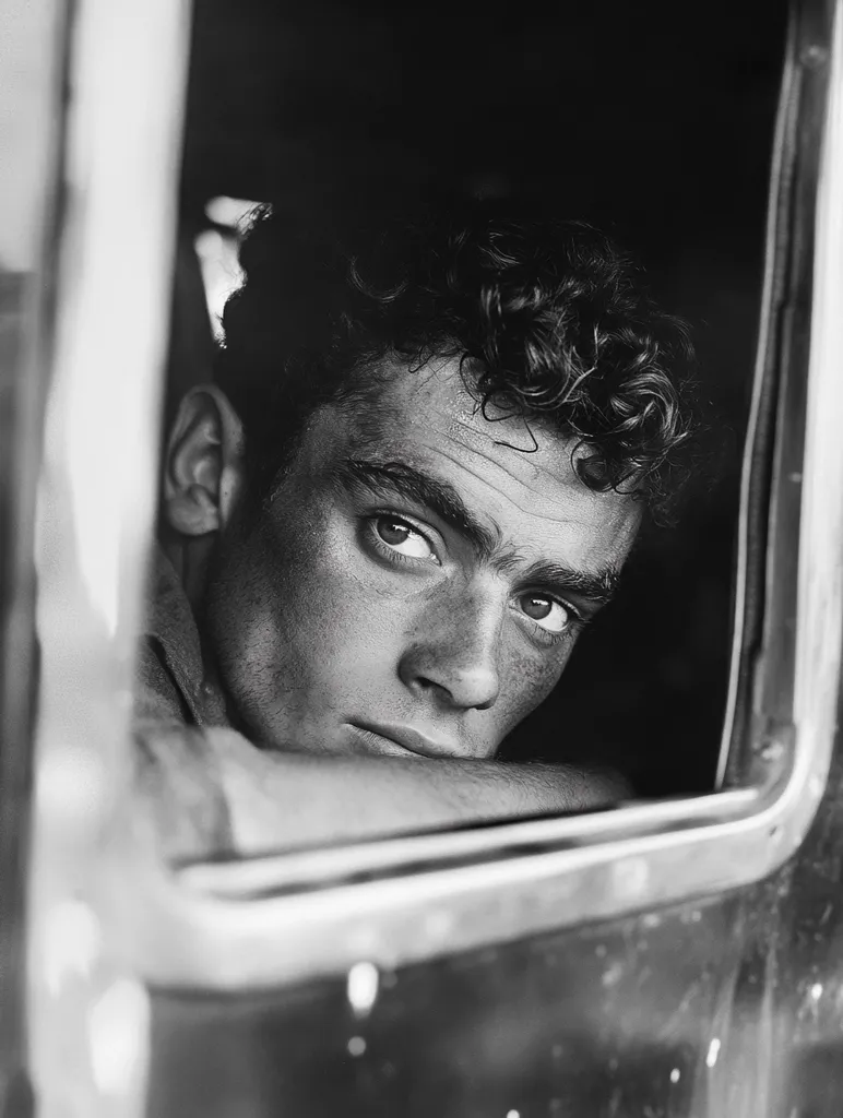 A black and white photo of a young man with curly hair looking out of a car window. His face is framed by the window, and only his eyes, nose, and mouth are visible. He has a serious expression and a thoughtful look in his eyes. The image captures a moment of quiet introspection.