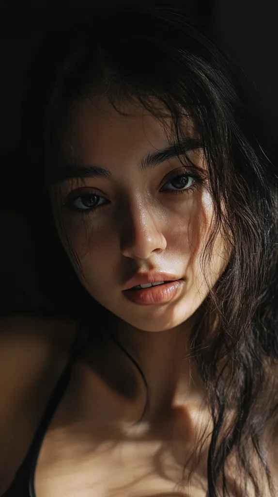 A young woman with long dark hair is gazing into the camera. Her face is illuminated by a soft light, highlighting her delicate features. Her eyes are a warm brown, and her lips are slightly parted. The background is dark, emphasizing her beauty and mystery.  She wears a dark strap top.  The image has a sensual and alluring quality.