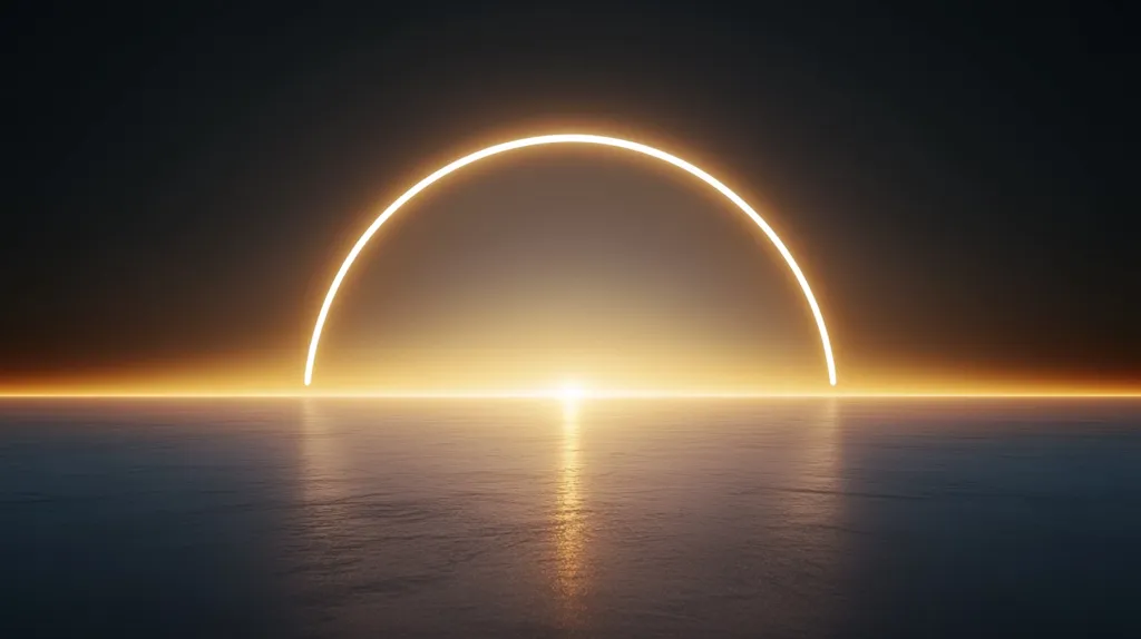A bright white semicircle, like a glowing halo, rests atop a dark blue ocean. The setting sun casts a warm, golden glow on the horizon, reflecting in the water below. The scene creates a sense of serenity and mystery, hinting at the unknown beyond the horizon.