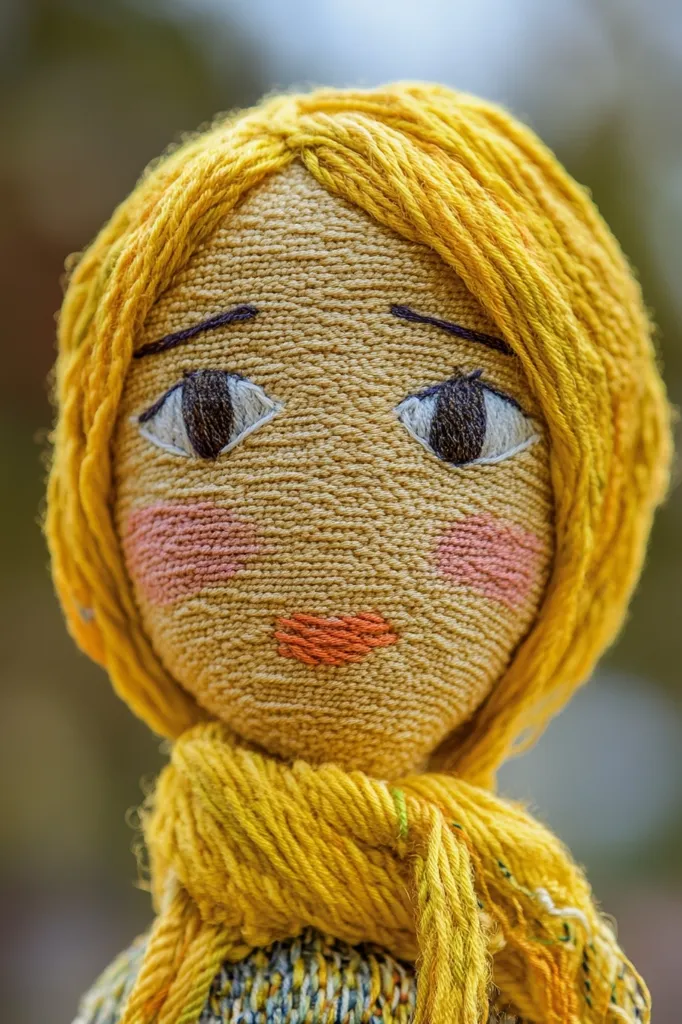 A close-up of a handmade doll with yarn hair. The doll's face is embroidered with simple features -  eyes, a nose, and a mouth. The doll is wearing a yellow scarf. The doll's hair and scarf are made of the same yarn and have a soft, fuzzy texture. The doll's face has a sweet and innocent expression.  The doll is likely a child's toy or a piece of folk art.
