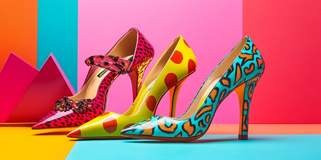 Three brightly colored high-heeled shoes sit on a colorful background. The shoes are a pink and black leopard print, a yellow with red dots, and a blue with orange and black. They are all on a background of pink, blue, and orange, adding to the overall vibrant feeling of the image.
