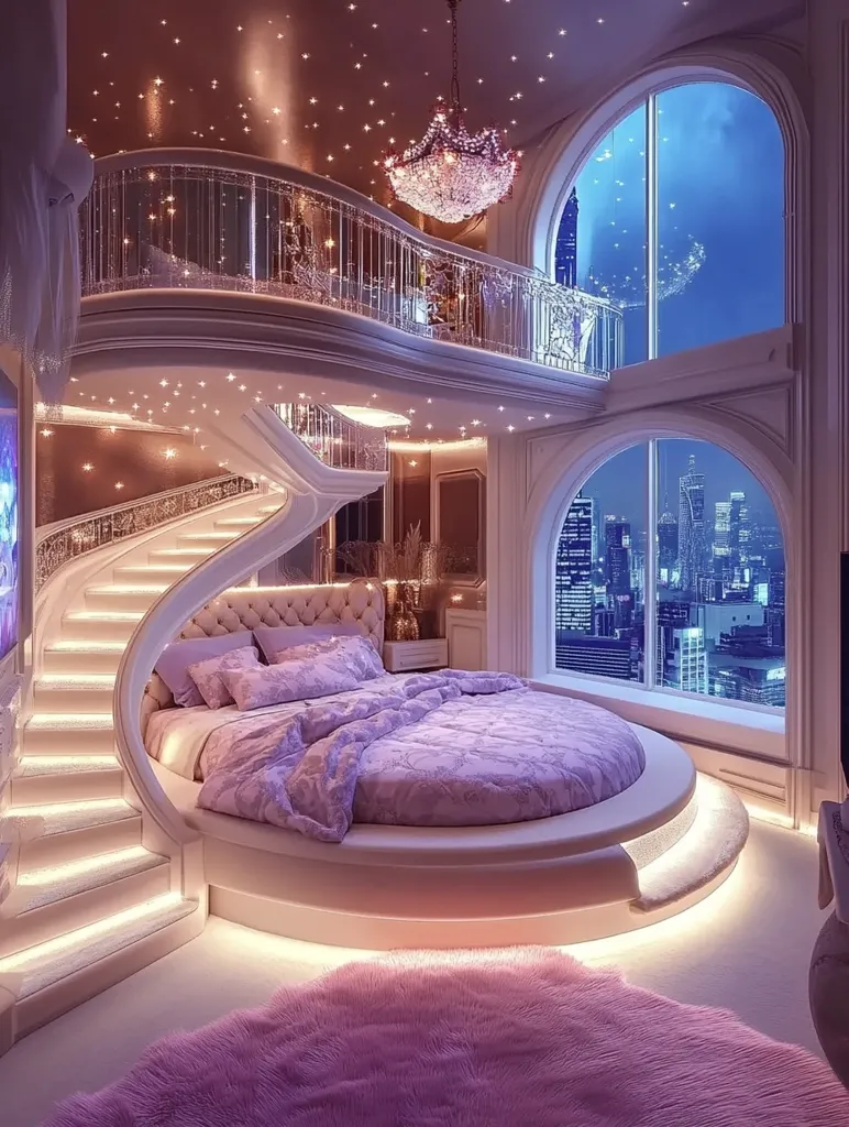 The image shows a luxurious bedroom with a circular bed, a balcony, and a staircase. The room is decorated with soft lighting and features large windows with views of a cityscape at night. The bed is adorned with a fluffy purple comforter and plush pillows. The room is full of opulence and charm.
