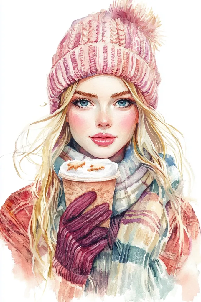 A watercolor painting of a young woman with long blonde hair wearing a pink knitted hat and a plaid scarf. She is holding a paper cup of coffee with a smile on her face. The painting evokes a sense of warmth and coziness, perfect for a winter day.  The use of soft colors and delicate lines creates a romantic and inviting atmosphere.