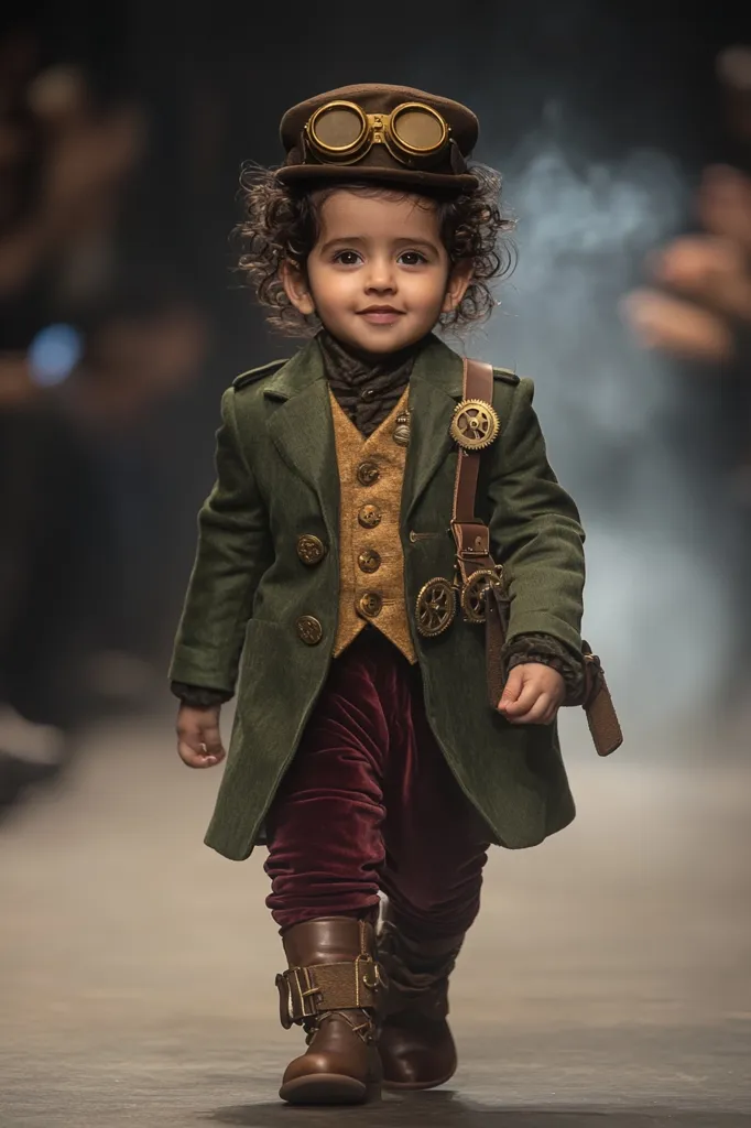A young child, dressed in a green coat, brown hat with goggles, burgundy pants and brown boots, walks down a runway. They are wearing a gold vest with buttons and a brown strap with gears. They are looking down with a serious expression. The child is dressed in a steampunk-inspired fashion.