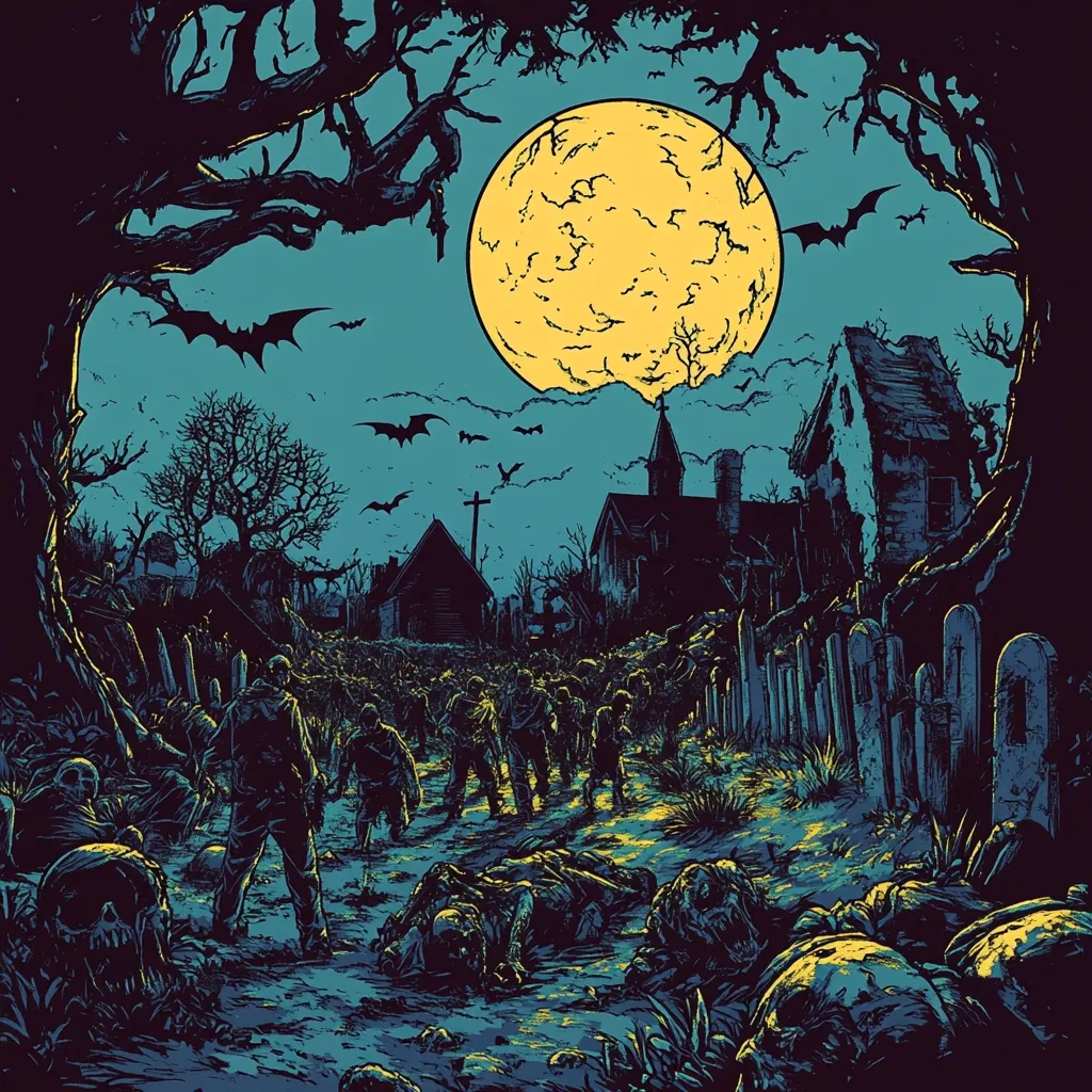 The image is a dark and eerie scene depicting a graveyard under a full moon. Silhouettes of zombies walk through the overgrown cemetery towards an abandoned church in the distance, while bats fly overhead. The sky is a dark blue with a few wisps of clouds. The foreground is filled with scattered skulls and bones. The entire image is rendered in a graphic style, with bold lines and contrasting colors. The scene evokes a sense of mystery and dread, making it a perfect image for Halloween or a horror movie poster.
