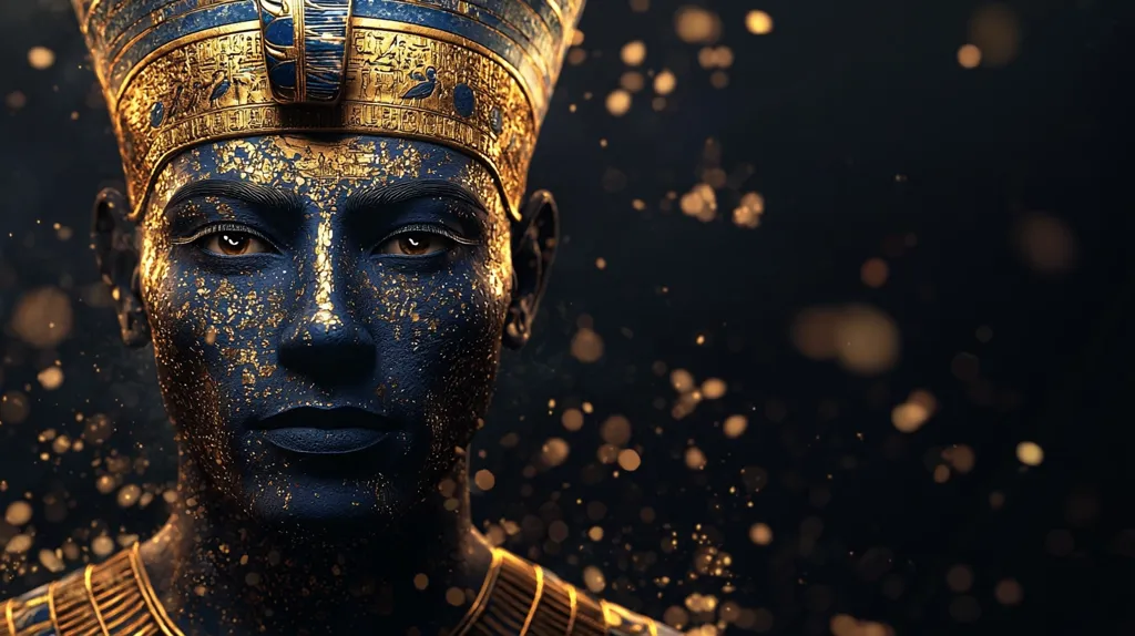The image features a close-up portrait of a person wearing a golden headdress adorned with intricate designs. Their skin is painted a deep blue with flecks of gold, creating a striking contrast against the dark background. The subject’s gaze is direct, conveying a sense of power and mystery. The background is filled with a scattering of golden particles, adding to the image's ethereal and majestic atmosphere.