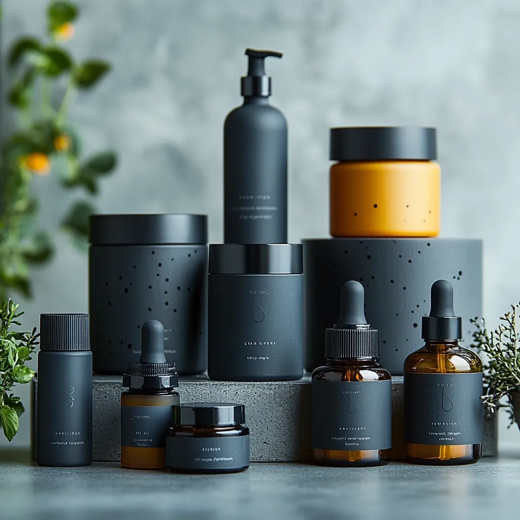 The image features a collection of sleek, black-and-gold skincare products arranged on a gray surface. There's a pump bottle, a jar, three dropper bottles, a small jar and a smaller bottle, all with minimalist branding. Greenery adds a touch of natural beauty to the scene. The image evokes a sense of luxurious, organic skincare.